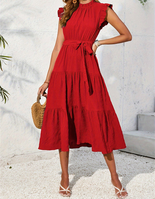 Load image into Gallery viewer, Frill Mock Neck Ruffled Cap Sleeve Midi Dress
