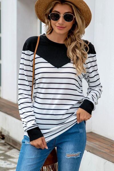 Load image into Gallery viewer, Striped Round Neck Long Sleeve T-Shirt
