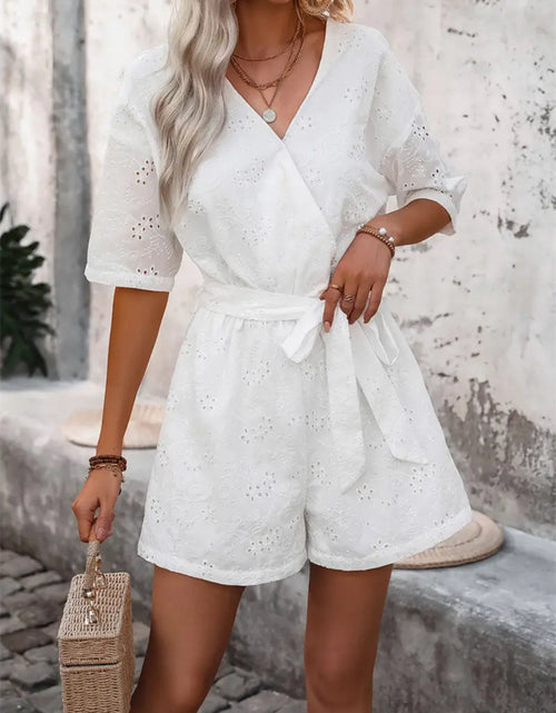 Load image into Gallery viewer, Tied Front Eyelet Romper
