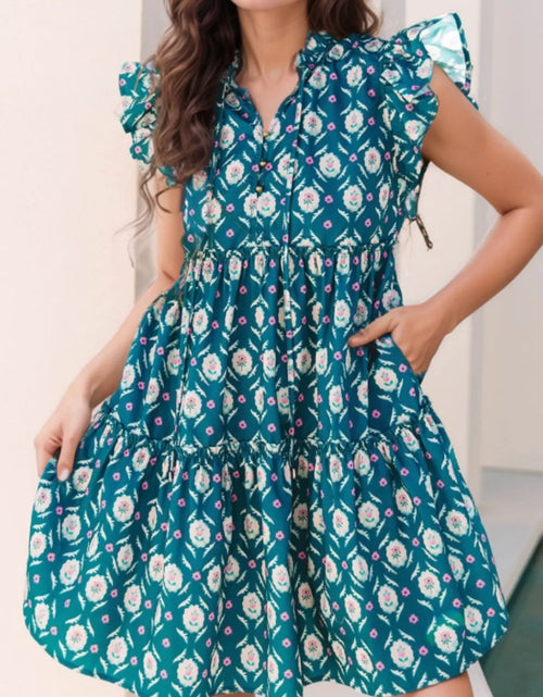 Load image into Gallery viewer, Printed Tie Neck Ruffled Cap Sleeve Dress
