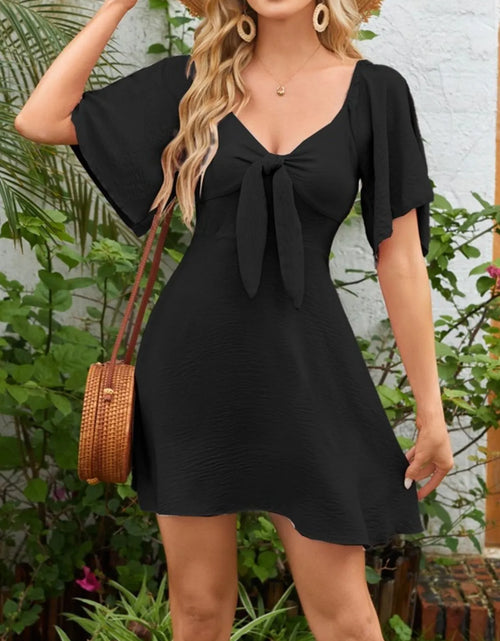 Load image into Gallery viewer, Smocked Back Knotted Flutter Sleeve Dress
