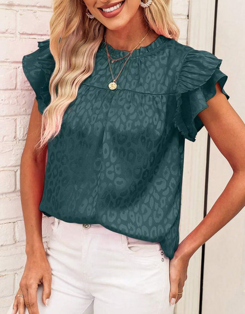 Load image into Gallery viewer, Leopard Frill Mock Neck Ruffled Cap Sleeve Top
