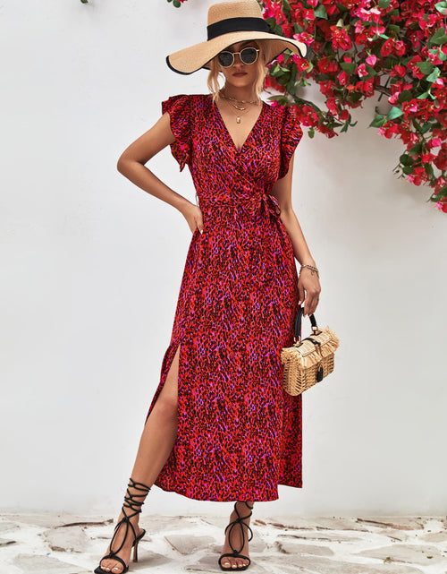 Load image into Gallery viewer, Printed Surplice Neck Flutter Sleeve Slit Dress
