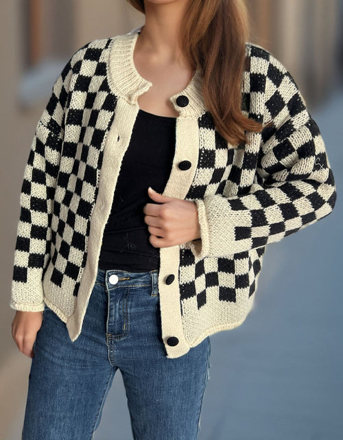 Load image into Gallery viewer, Checkered Button Up Round Neck Cardigan
