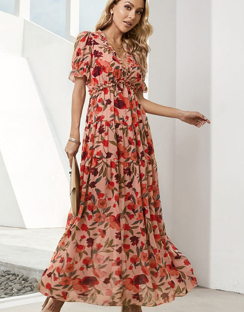 Load image into Gallery viewer, Floral V-Neck Short Flounce Sleeve Dress
