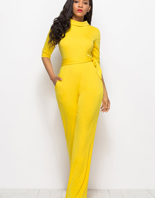 Load image into Gallery viewer, Mock Neck Tie-Waist Half Sleeve Jumpsuit
