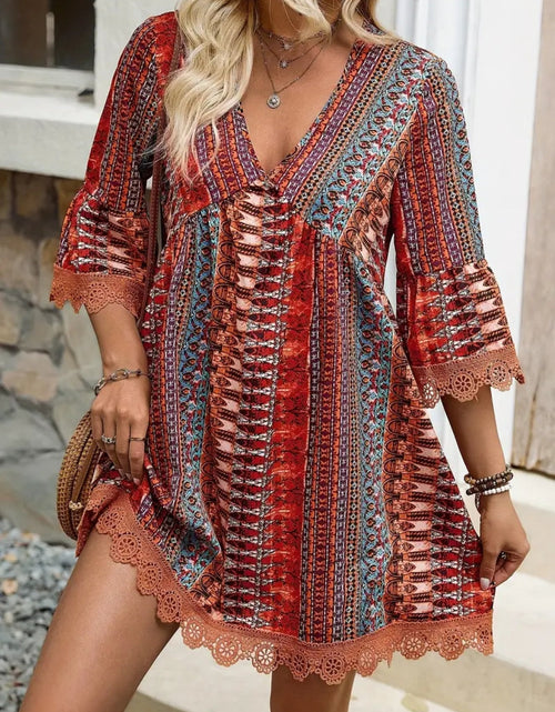 Load image into Gallery viewer, Lace Trim Printed V-Neck 3/4 Sleeve Dress
