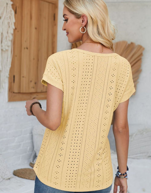 Load image into Gallery viewer, Eyelet Round Neck Rolled Short Sleeve T-Shirt
