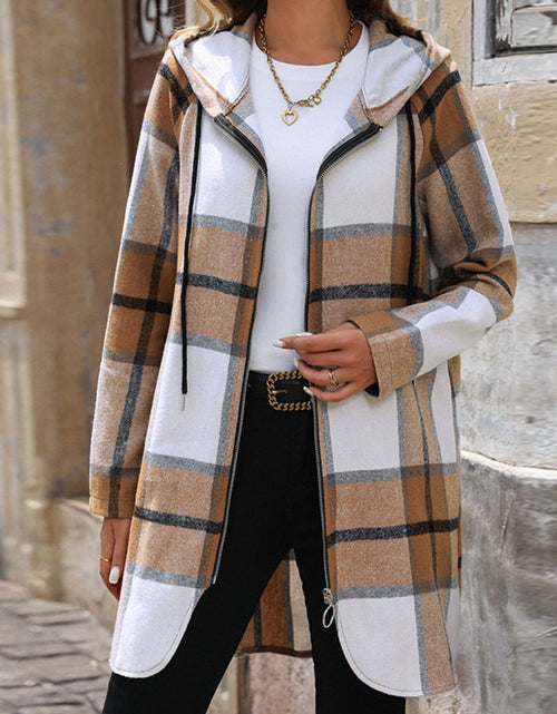 Load image into Gallery viewer, Drawstring Plaid Zip Up Long Sleeve Hooded Outerwear
