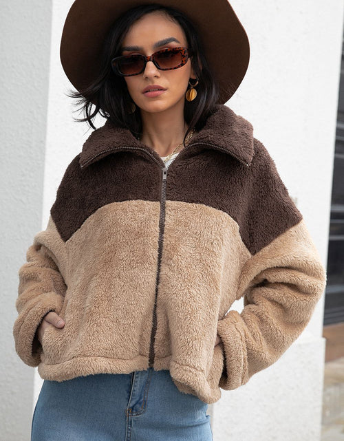 Load image into Gallery viewer, Two-Tone Collared Neck Fuzzy Jacket
