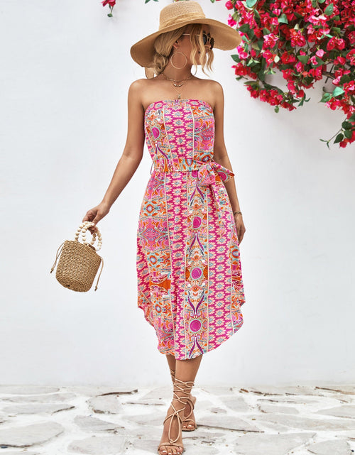 Load image into Gallery viewer, Printed Strapless Tie Belt Dress

