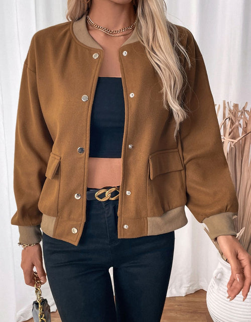 Load image into Gallery viewer, Perfee Baseball Collar Snap Down Long Sleeve Jacket
