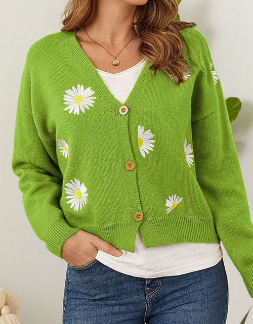 Load image into Gallery viewer, Flower Button Front Dropped Shoulder Cardigan
