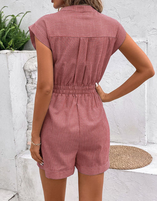 Load image into Gallery viewer, Perfee Striped Notched Tie Waist Romper
