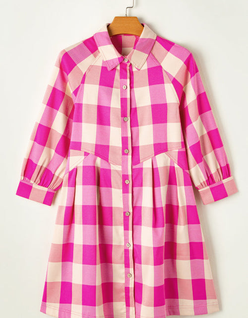 Load image into Gallery viewer, Ruched Plaid Three-Quarter Sleeve Shirt Dress
