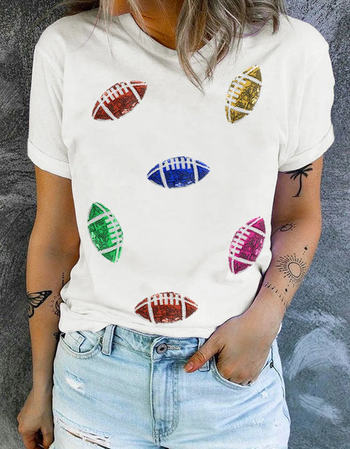 Load image into Gallery viewer, Sequin Football Round Neck Short Sleeve T-Shirt
