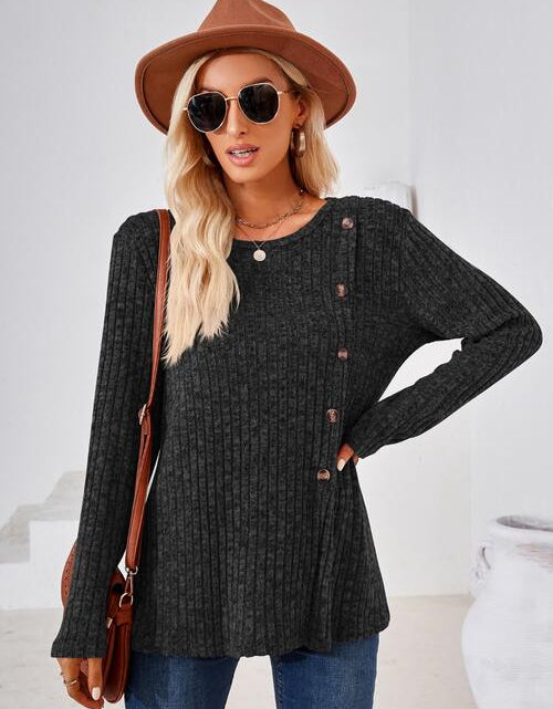 Load image into Gallery viewer, Ribbed Buttoned Round Neck Slit T-Shirt
