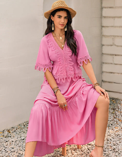 Load image into Gallery viewer, Lace Detail V-Neck Half Sleeve Midi Dress
