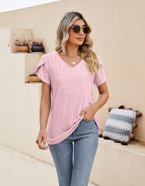 Load image into Gallery viewer, Eyelet Petal Sleeve V-Neck Knit Top
