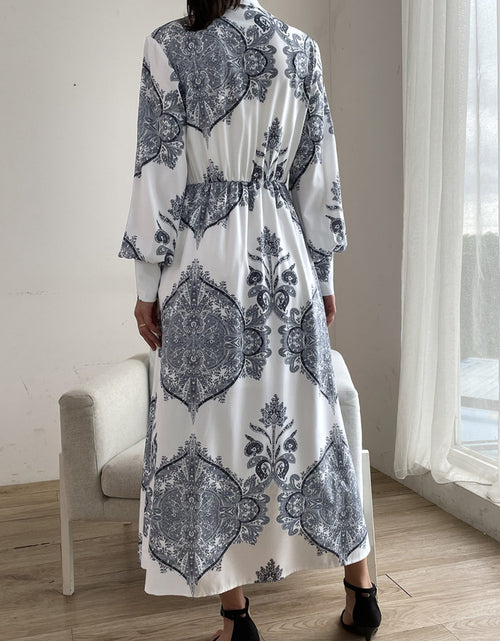 Load image into Gallery viewer, Printed Notched Lantern Sleeve Midi Dress
