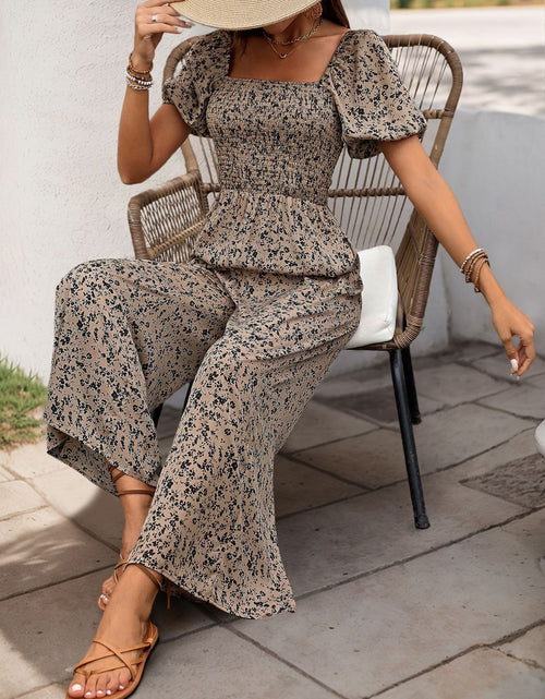 Load image into Gallery viewer, Perfee Smocked Printed Square Neck Puff Sleeve Jumpsuit

