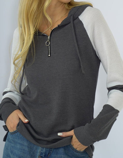 Load image into Gallery viewer, Shiny Waffle-Knit Raglan Sleeve Zipper Front Hoody
