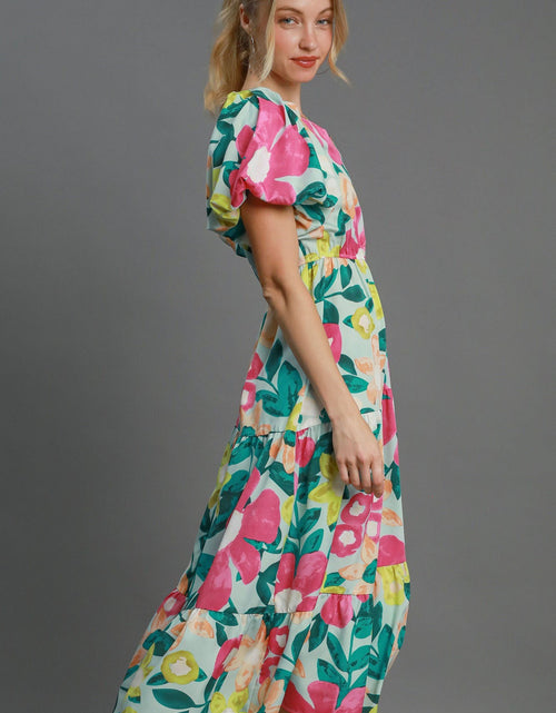 Load image into Gallery viewer, Umgee Full Size Tiered Floral Print Notched Puff Sleeve Midi Dress Plus Size

