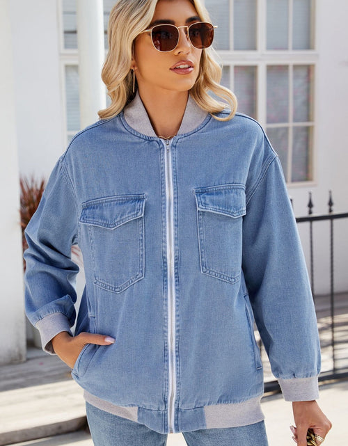 Load image into Gallery viewer, Pocketed Zip Up Baseball Collar Denim Jacket
