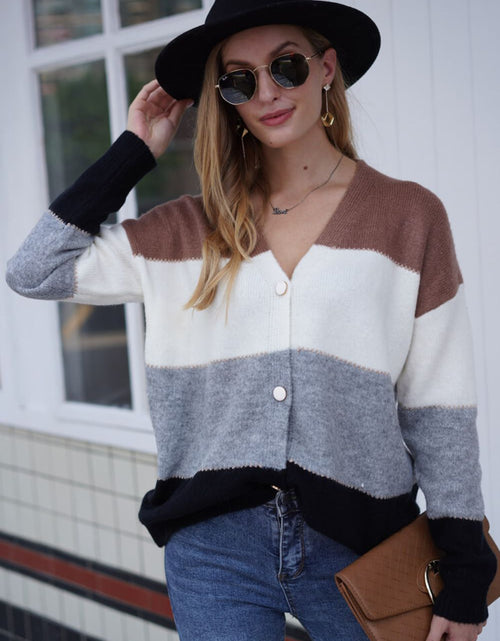Load image into Gallery viewer, Woven Right Color Block V-Neck Button Down Cardigan
