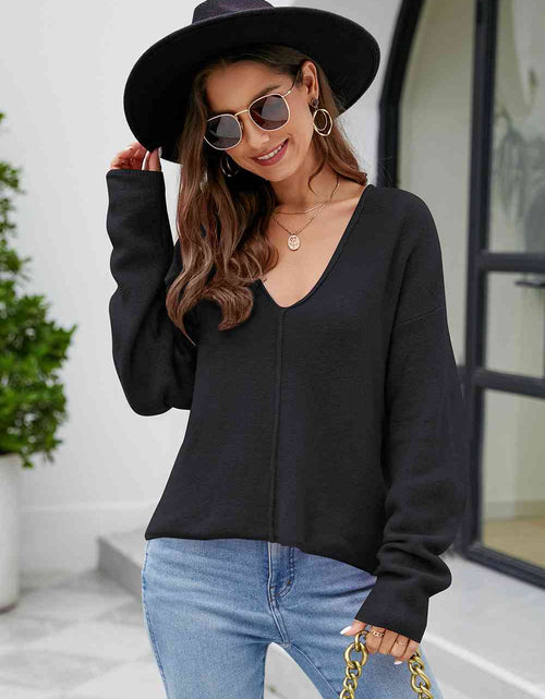 Load image into Gallery viewer, V-Neck Drop Shoulder Long Sleeve Knit Top
