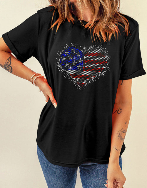 Load image into Gallery viewer, Rhinestone Heart Round Neck Short Sleeve T-Shirt
