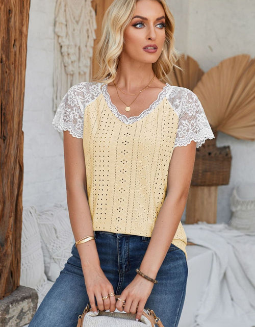 Load image into Gallery viewer, Eyelet V-Neck Lace Short Sleeve T-Shirt
