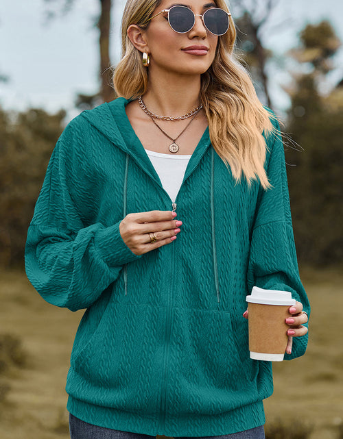 Load image into Gallery viewer, Drawstring Zip Up Dropped Shoulder Hoodie
