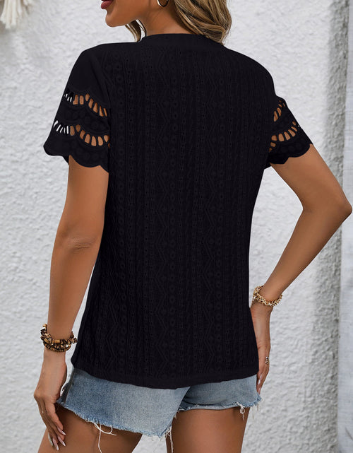 Load image into Gallery viewer, Full Size Eyelet Round Neck Short Sleeve Top
