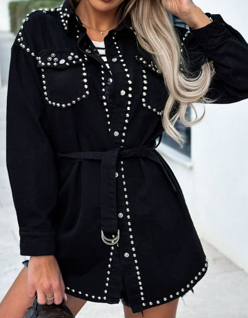 Load image into Gallery viewer, Studded Snap Down Long Sleeve Denim Shacket
