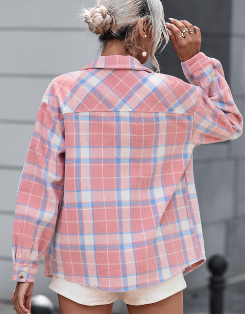 Load image into Gallery viewer, Plaid Pocketed Collared Neck Button Up Jacket
