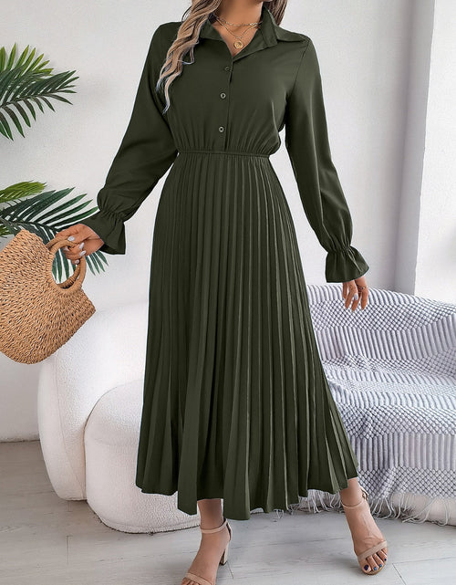 Load image into Gallery viewer, Pleated Half Button Long Sleeve Midi Dress

