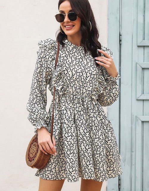 Load image into Gallery viewer, Printed Ruffle Trim Smocked Long Sleeve Mini Dress
