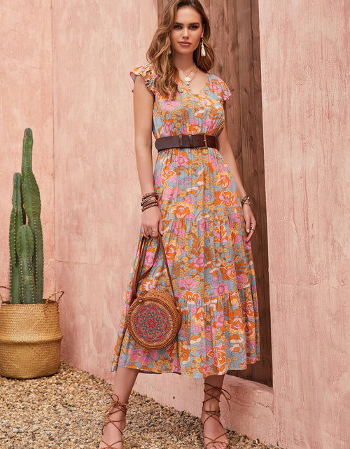 Load image into Gallery viewer, Ruffled Printed V-Neck Cap Sleeve Tiered Dress
