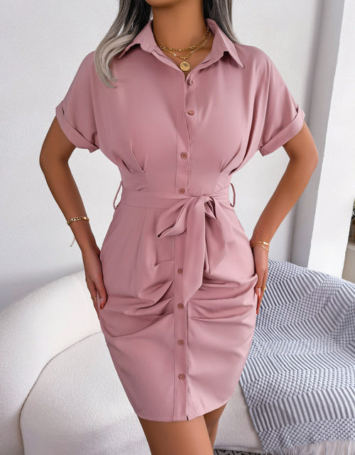 Load image into Gallery viewer, Button Down Ruched Tie Belt Dress
