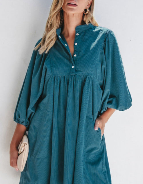 Load image into Gallery viewer, Corduroy Quarter Snap Three-Quarter Sleeve Dress
