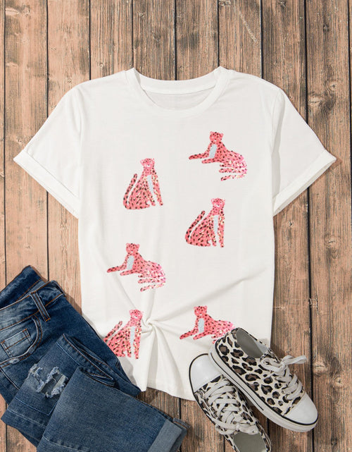Load image into Gallery viewer, Sequin Leopard Round Neck Short Sleeve T-Shirt
