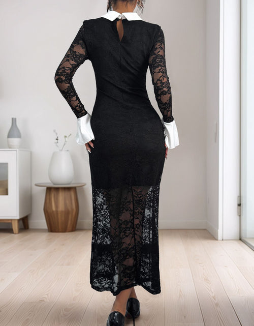 Load image into Gallery viewer, Perfee Lace Contrast Collared Neck Long Sleeve Midi Dress
