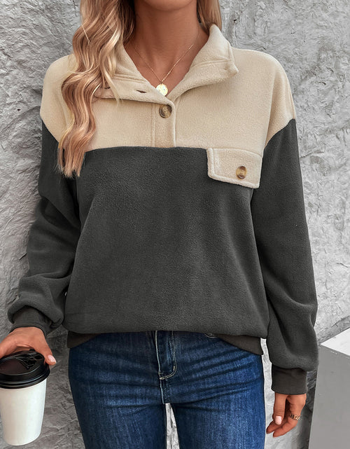 Load image into Gallery viewer, Perfee Color Block Quarter Button Dropped Shoulder Sweatshirt
