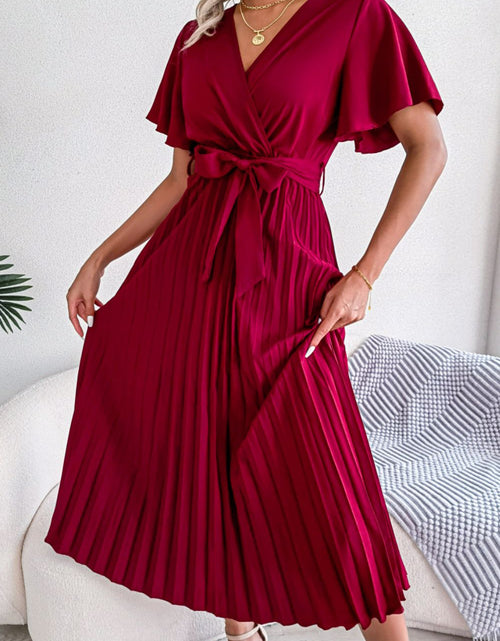 Load image into Gallery viewer, Pleated Flutter Sleeve Belted Dress
