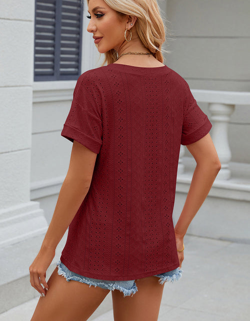 Load image into Gallery viewer, Eyelet V-Neck Short Sleeve T-Shirt
