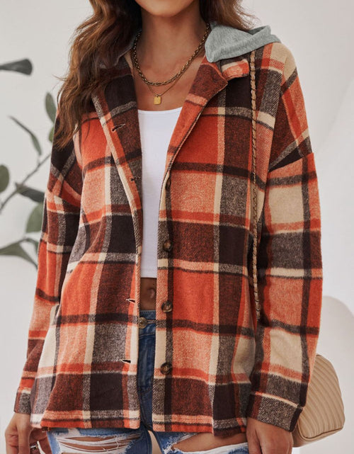 Load image into Gallery viewer, Plaid Button Up Hooded Shacket
