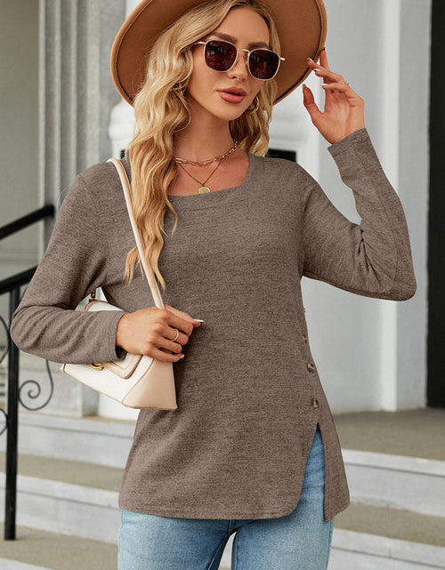 Load image into Gallery viewer, Slit Decorative Button Square Neck T-Shirt
