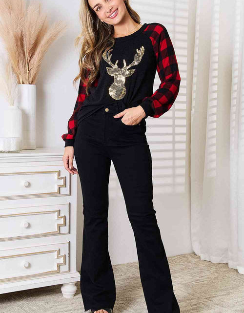 Load image into Gallery viewer, Heimish Full Size Sequin Reindeer Graphic Plaid Top
