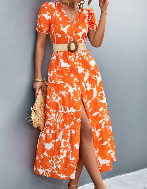 Load image into Gallery viewer, V-Neck Short Sleeve High Slit Midi Dress
